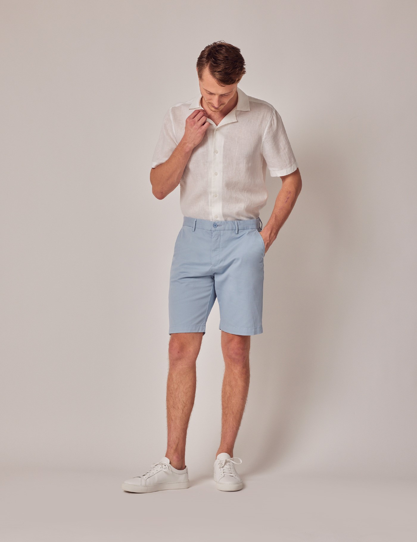 Light Blue Garment Dyed Organic Cotton Chino Shorts | Hawes & Curtis