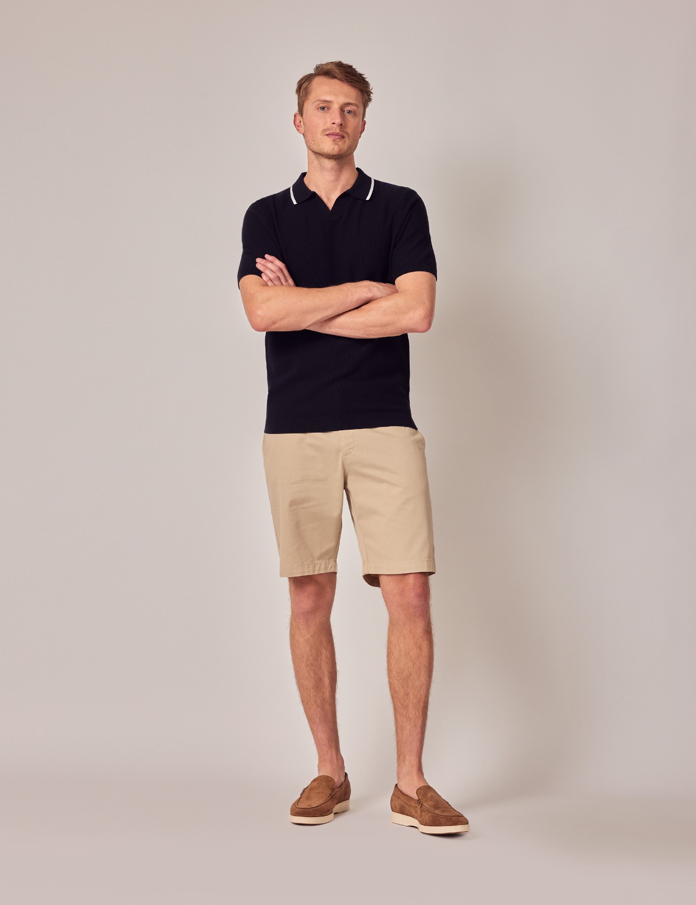Garment Dyed Organic Cotton Chino Shorts in Beige | Hawes & Curtis