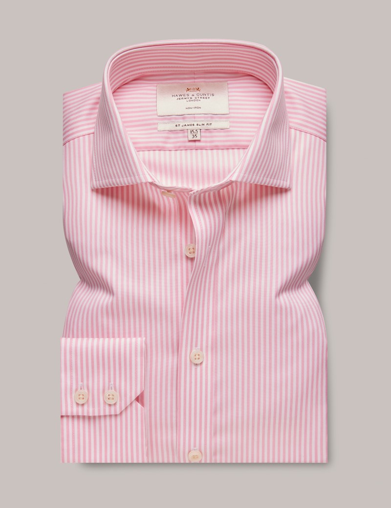 Men's Non-Iron Pink & White Bengal Stripe Slim Shirt - Windsor Collar