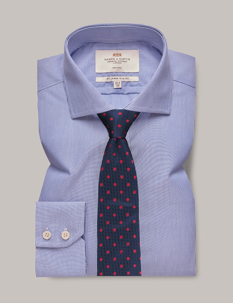 Men's Non-Iron Blue & White Fine Stripe Slim Shirt - Windsor Collar