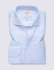 Men's Formal Blue & White Stripe Slim Fit Shirt with Windsor Collar and Single Cuffs - Non Iron