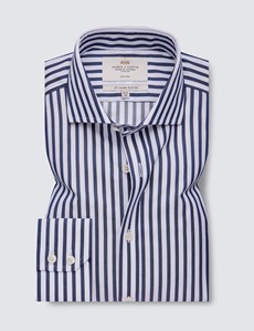 Non Iron Navy & White Stripe Relaxed Slim Fit Shirt with Windsor Collar - Single Cuffs