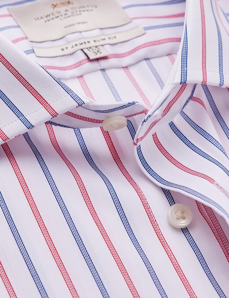 Non Iron Red & Blue Multi Stripe Relaxed Slim Fit Shirt With Windsor Collar - Single Cuffs