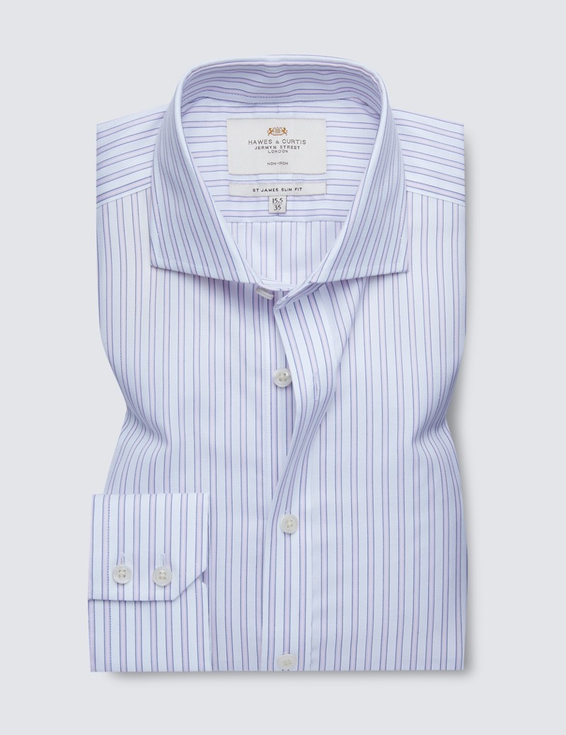 Non Iron Pink & Navy Multi Stripe Slim Fit Shirt with Windsor Collar