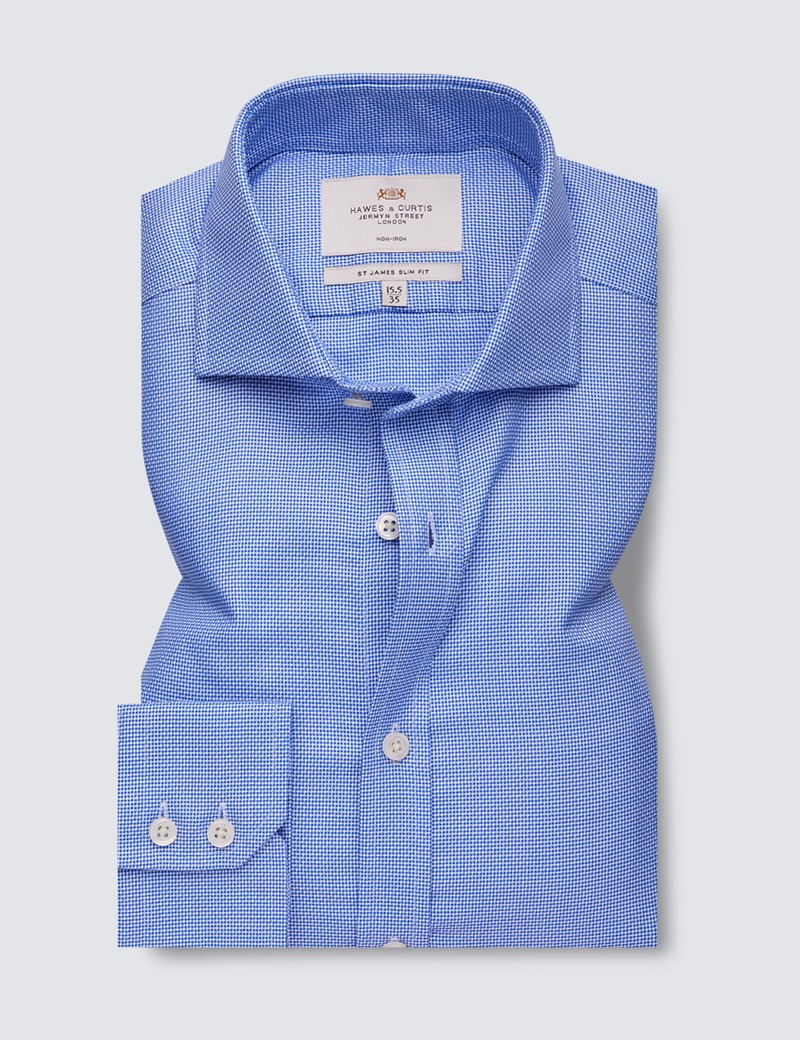 Non Iron Blue & White Dobby Relaxed Slim Fit Shirt with Windsor Collar - Single Cuffs