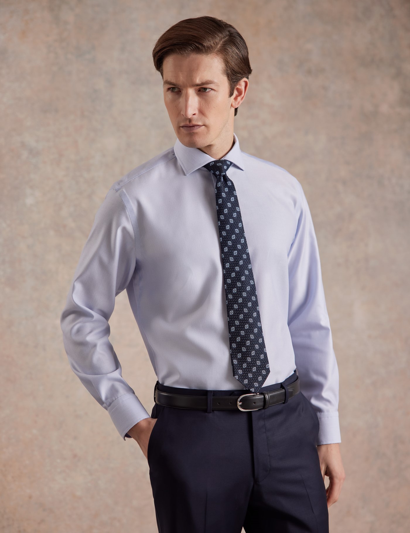 & Slim Fit Blue & Textured Weave Non Iron Shirt 16.5" collar 34" sleeve