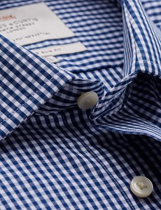 Easy Iron Men's Navy and White Gingham Slim Fit Shirt With Semi Cutaway Collar - Single Cuffs 