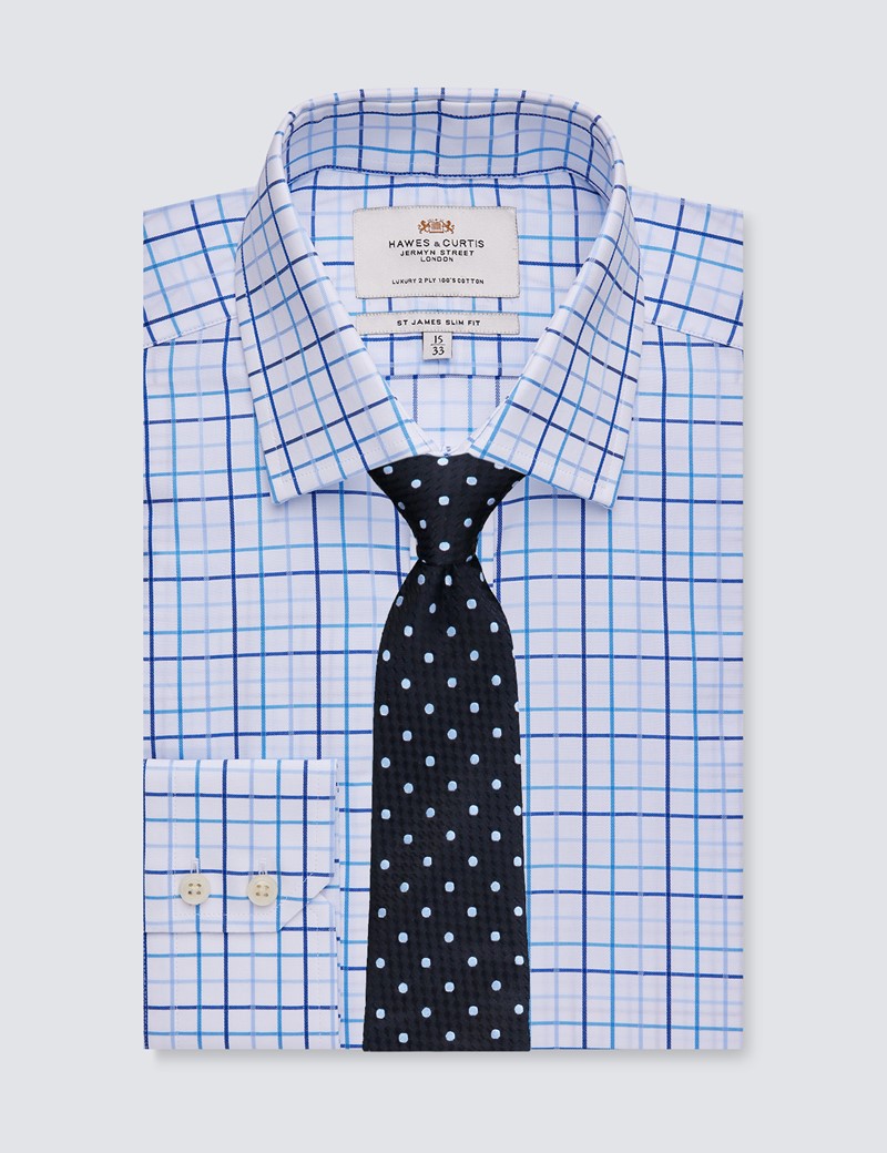  Easy Iron Men's Blue and White Check Slim Fit Shirt With Semi Cutaway Collar - Single Cuffs