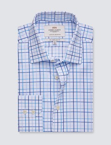  Easy Iron Men's Blue and White Check Slim Fit Shirt With Semi Cutaway Collar - Single Cuffs