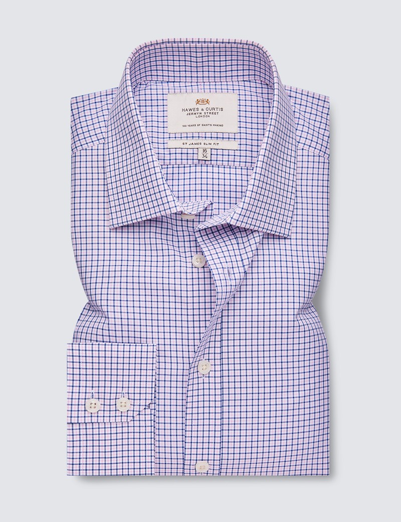 Easy Iron Blue & Pink Check Relaxed Slim Fit Shirt With Semi Cutaway Collar - Single Cuffs