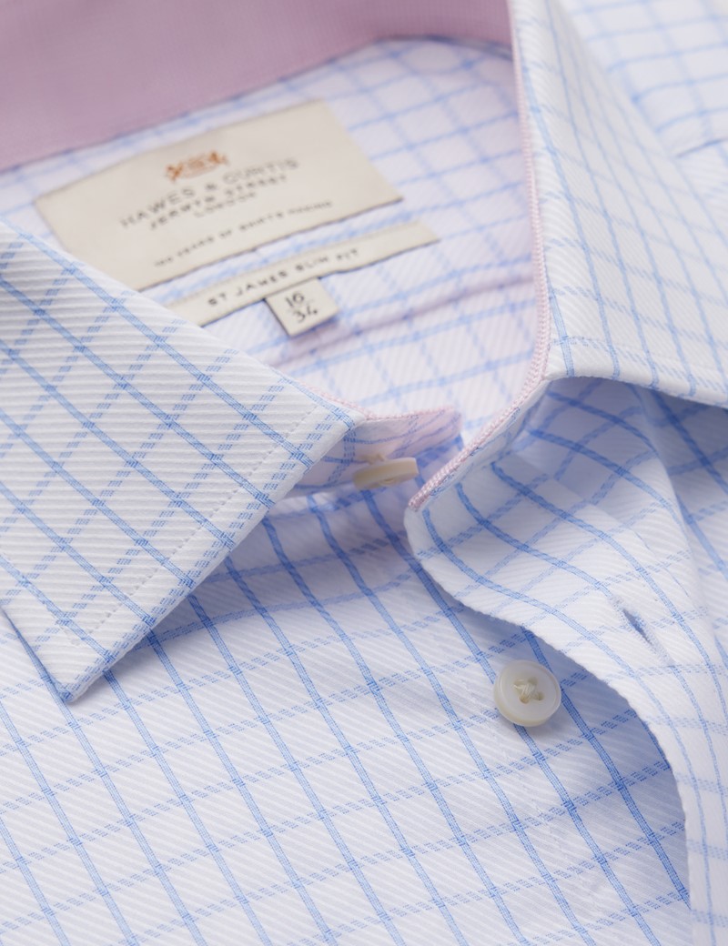 Easy Iron Blue & White Check Relaxed Slim Fit Shirt With Semi Cutaway Collar - Single Cuffs