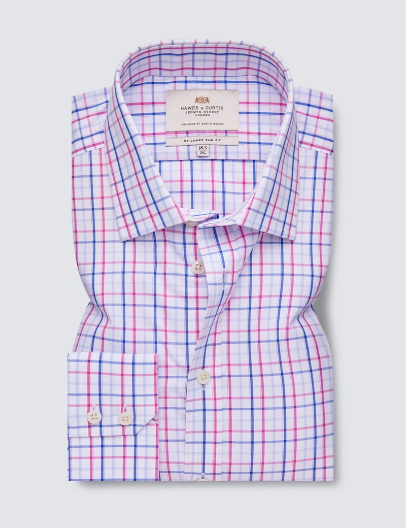 Easy Iron Pink & Navy Check Relaxed Slim Fit Shirt With Semi Cutaway Collar - Single Cuffs