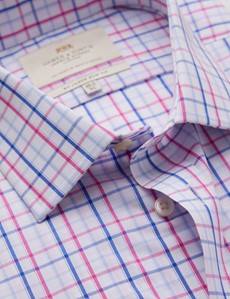 Easy Iron Pink & Navy Check Relaxed Slim Fit Shirt With Semi Cutaway Collar - Single Cuffs