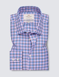Easy Iron Pink & Blue Check Relaxed Slim Fit Shirt With Semi Cutaway Collar - Single Cuffs