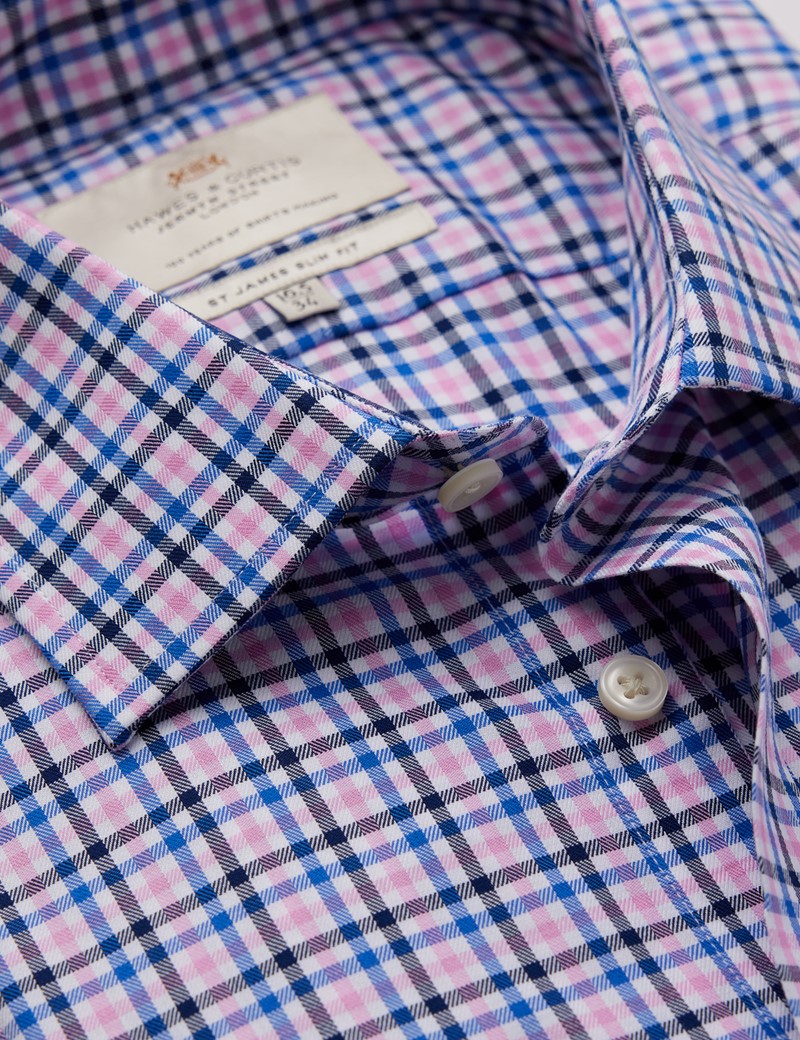 Easy Iron Pink & Blue Check Relaxed Slim Fit Shirt With Semi Cutaway Collar - Single Cuffs