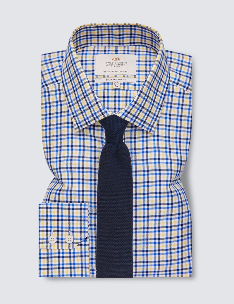 Easy Iron Yellow & Navy Check Relaxed Slim Fit Shirt With Semi Cutaway Collar - Single Cuffs