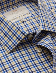 Easy Iron Yellow & Navy Check Relaxed Slim Fit Shirt With Semi Cutaway Collar - Single Cuffs