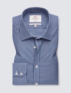 Men's Dress Navy & White Gingham Plaid Slim Fit Shirt - Single Cuff - Non Iron