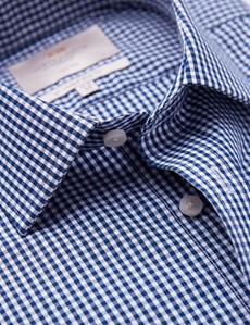 Men's Dress Navy & White Gingham Plaid Slim Fit Shirt - Single Cuff - Non Iron