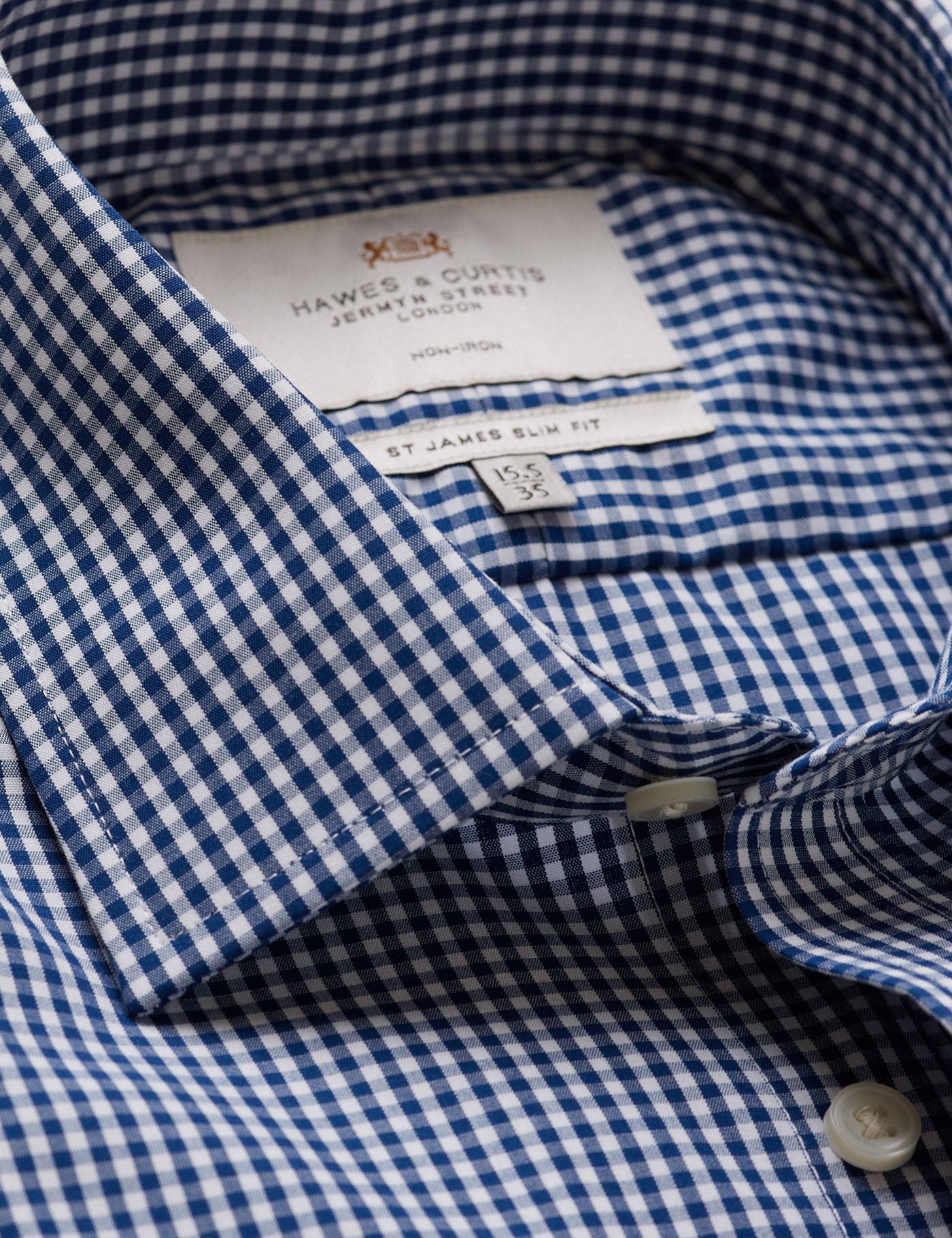 & Slim Fit Navy & Gingham Check Non Iron Shirt 15.5" collar 34" sleeve
