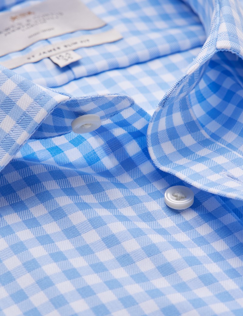 Men's Dress Blue & White Large Gingham Plaid Slim Fit Shirt - Single Cuff - Non Iron