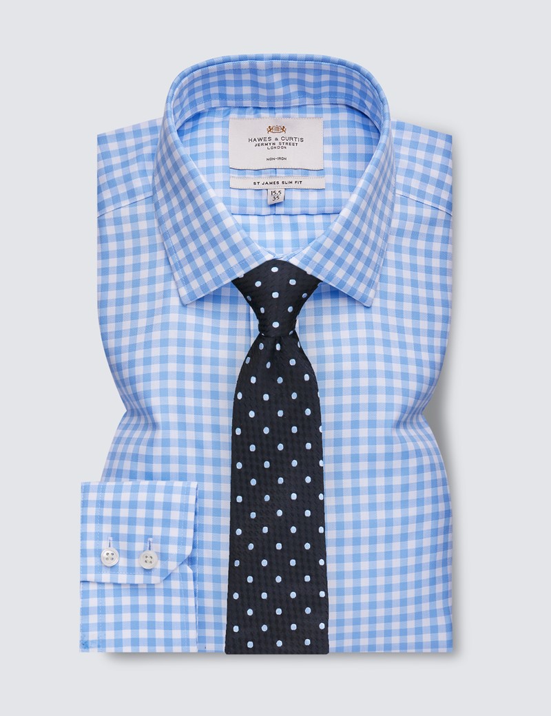 Men's Formal Blue & White Large Gingham Check Slim Fit Shirt - Single Cuff - Non Iron