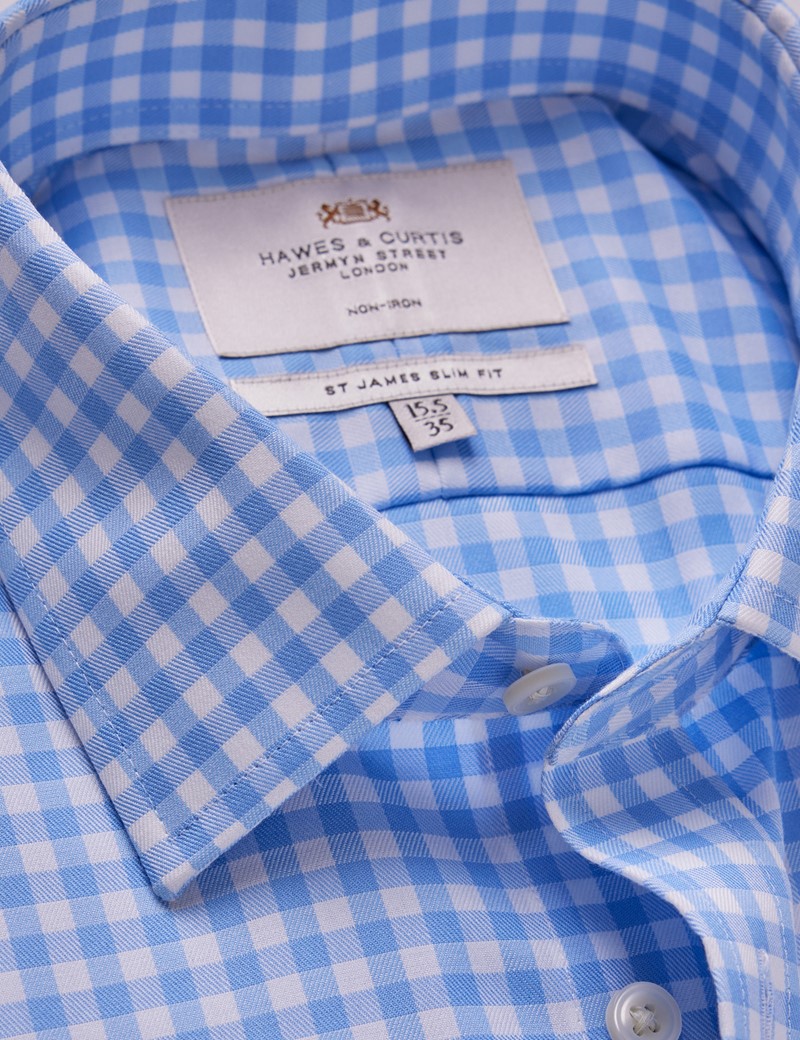 Men's Non-Iron Blue & White Gingham Check Slim Shirt | Hawes and Curtis