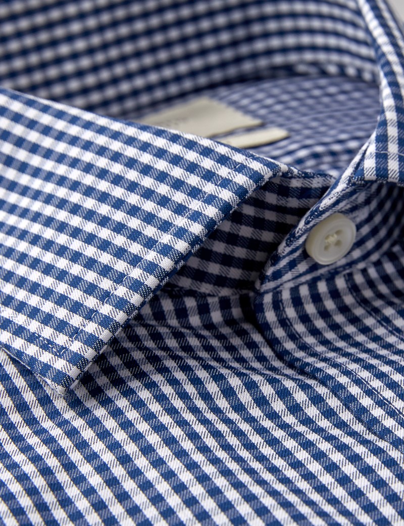 Men's Formal Navy & White Gingham Check Slim Fit Shirt - Single Cuff ...