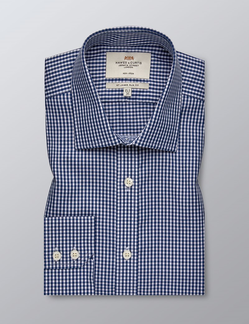 Men's Formal Navy & White Gingham Check Slim Fit Shirt - Single Cuff ...