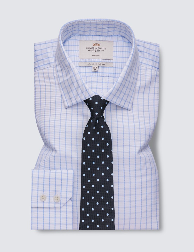 Non Iron Blue & White Check Relaxed Slim Fit Shirt with Semi Cutaway Collar - Single Cuffs