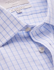Non Iron Blue & White Check Relaxed Slim Fit Shirt with Semi Cutaway Collar - Single Cuffs