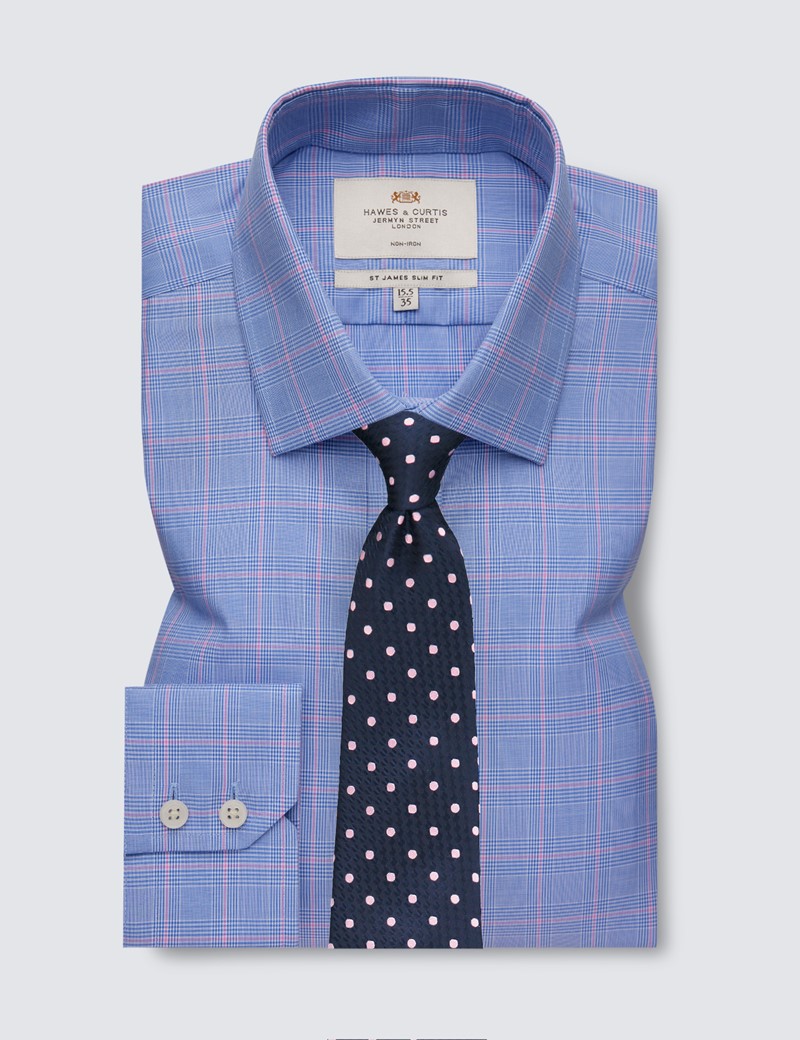 Non Iron Blue & Pink Prince Of Wales Check Relaxed Slim Fit Shirt With Semi Cutaway Collar - Single Cuffs