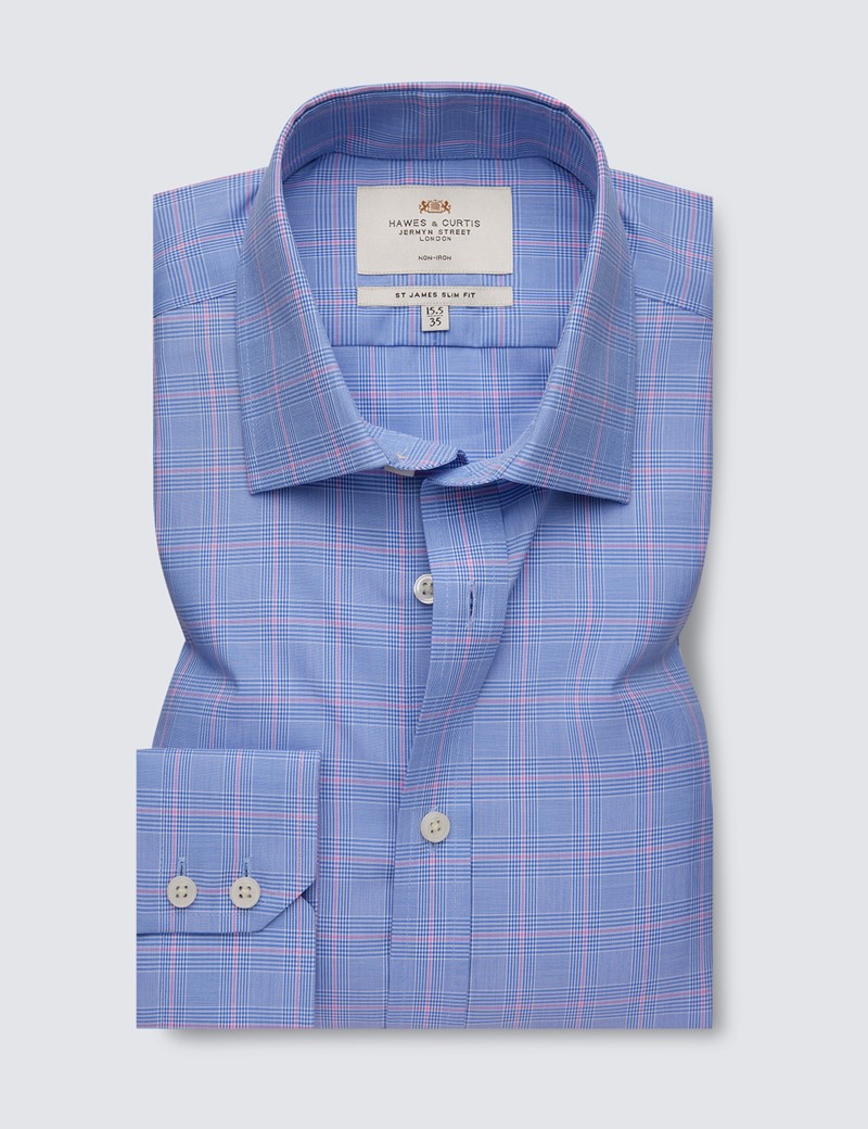 Non Iron Blue & Pink Prince Of Wales Check Relaxed Slim Fit Shirt With Semi Cutaway Collar - Single Cuffs