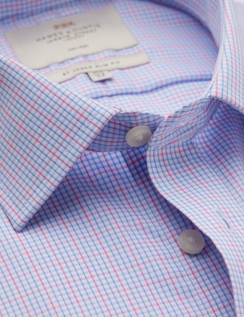 Non Iron Blue & Pink Multi Check Relaxed Slim Fit Shirt With Semi Cutaway Collar - Single Cuffs
