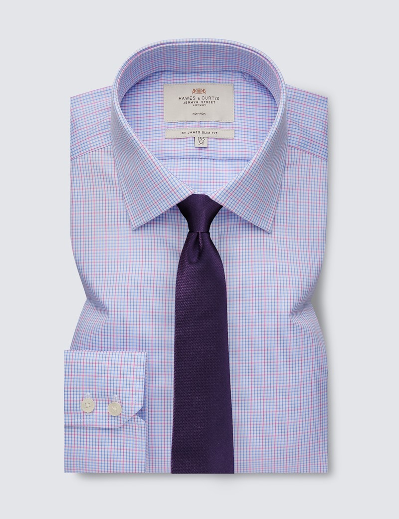 Bügelfreies Businesshemd – Slim Fit – Kentkragen – blau-rosa Multi Karo