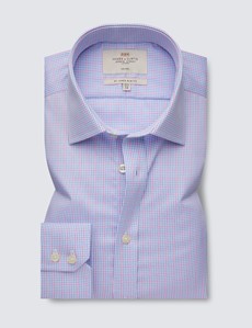 Non Iron Blue & Pink Multi Check Relaxed Slim Fit Shirt With Semi Cutaway Collar - Single Cuffs