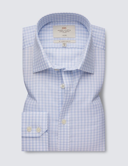 Non Iron Blue & White Check Relaxed Slim Fit Shirt With Semi Cutaway Collar - Single Cuffs
