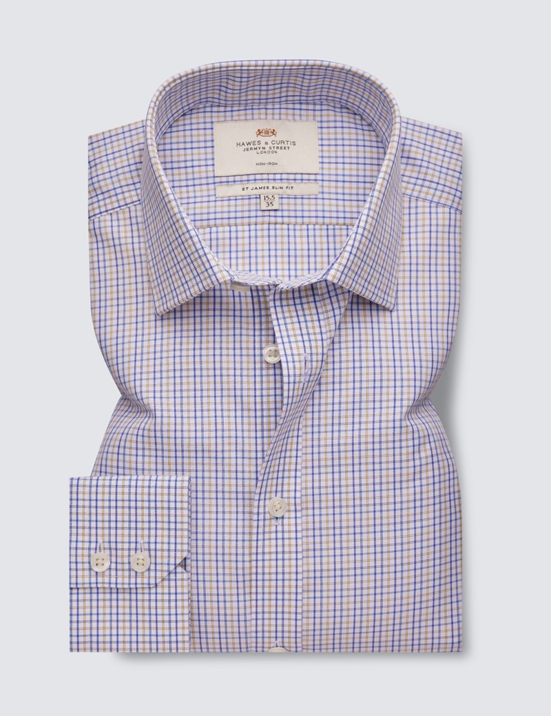 Non Iron Yellow & Blue Check Relaxed Slim Fit Shirt With Semi Cutaway Collar - Single Cuffs