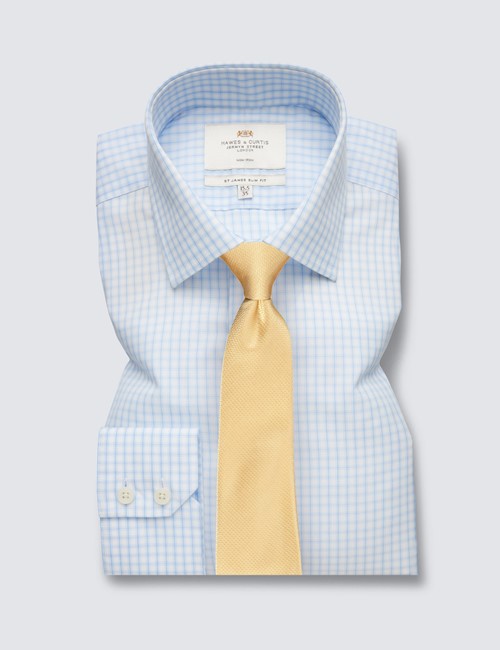 Non Iron Blue & White Medium Check Slim Fit Shirt - Single Cuffs