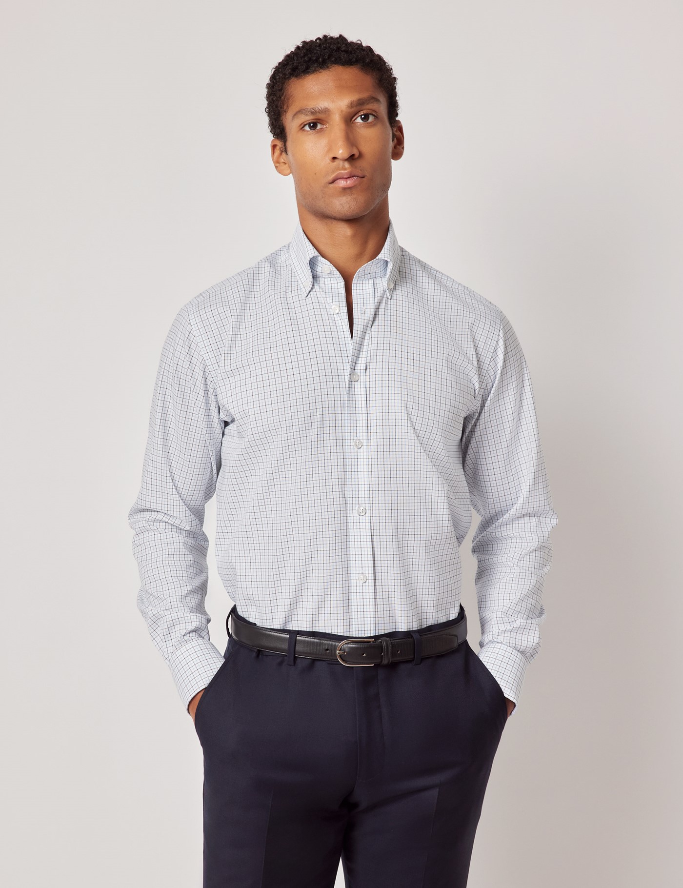 & Slim Fit & Blue Check Pin Point Oxford Non Iron Shirt 15.5" collar 34" sleeve