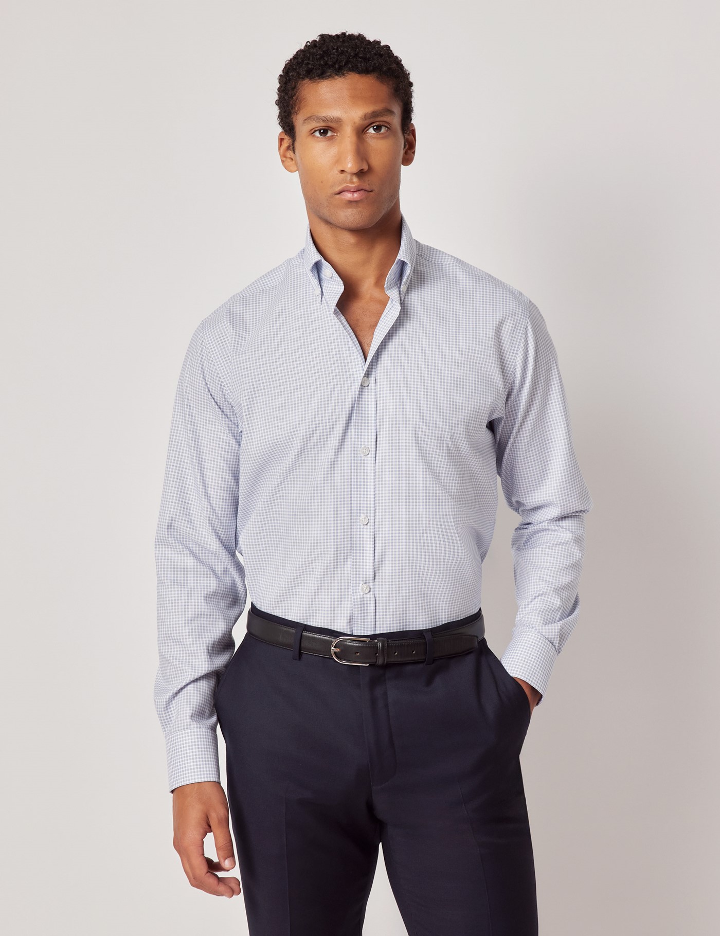 & Slim Fit Blue & Check Pin Point Non Iron Oxford Shirt 15.5" collar 34" sleeve