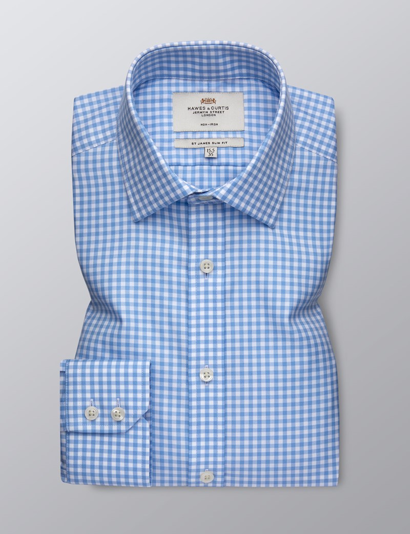 Men's Formal Blue & White Gingham Slim Fit Shirt - Single Cuff - Non ...