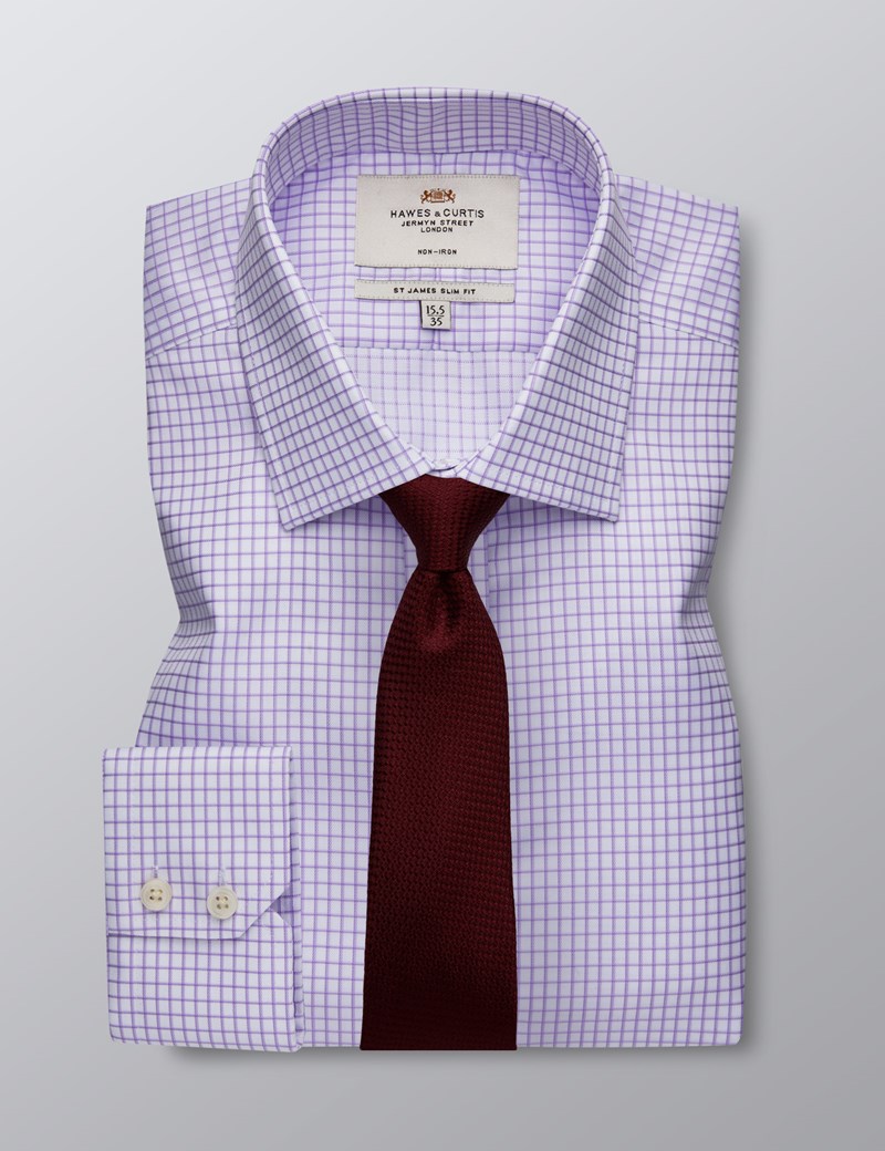 Men's Formal Lilac & White Grid Check Slim Fit Shirt Single Cuff