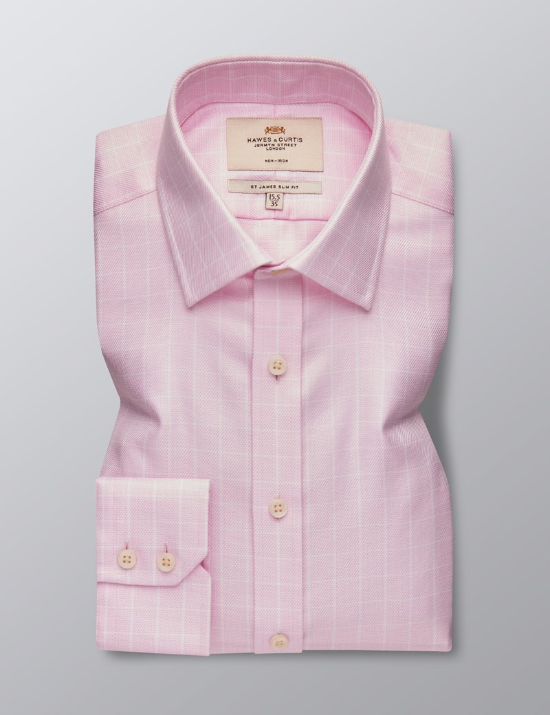 Men's Dress Pink & White Textured Grid Plaid Slim Fit Shirt - Single ...