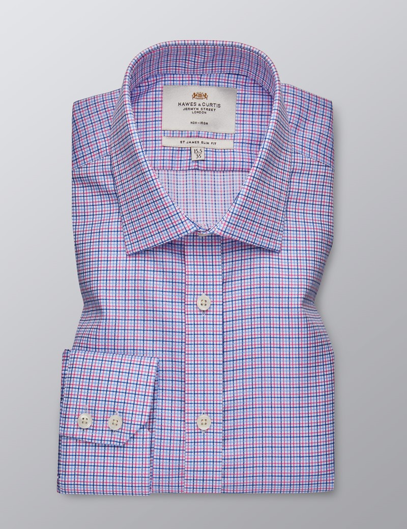 Men's Formal Pink and Blue Multi Check Slim Fit Shirt - Single Cuff ...