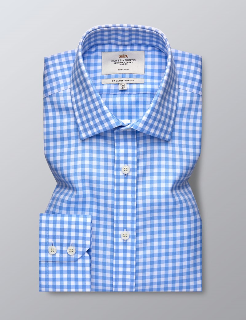 Men's Formal Blue & White Grid Check Slim Fit Shirt - Single Cuff - Non ...