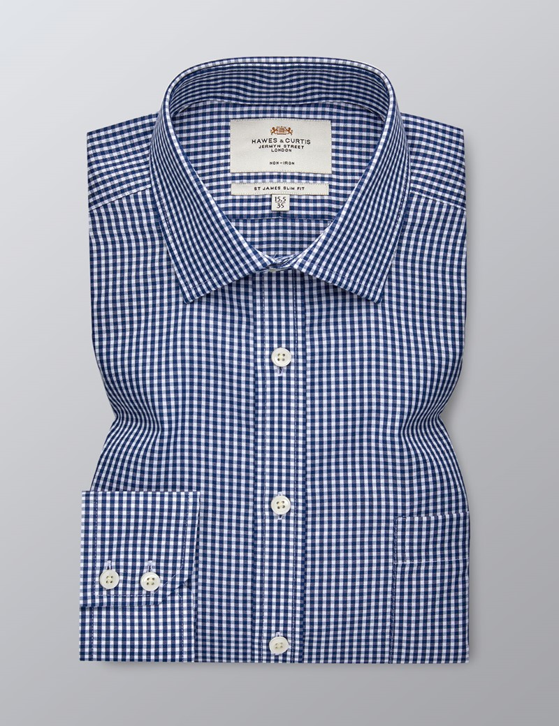 Men's Formal Navy & White Gingham Check Slim Fit Shirt Single Cuff