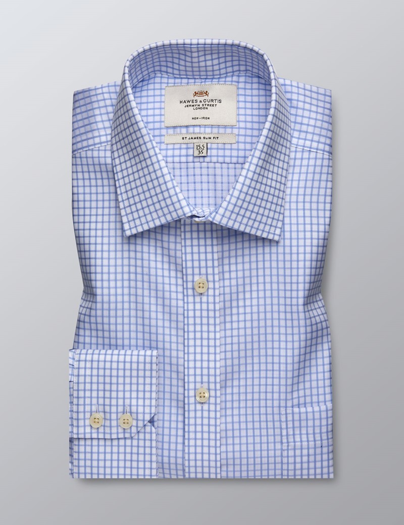 Men's Formal Light Blue & White Grid Check Slim Fit Shirt - Single Cuff ...