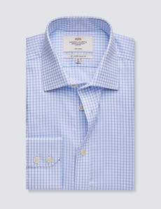 Non Iron Men's Light Blue & White Check Slim Fit Shirt with Single Cuffs 