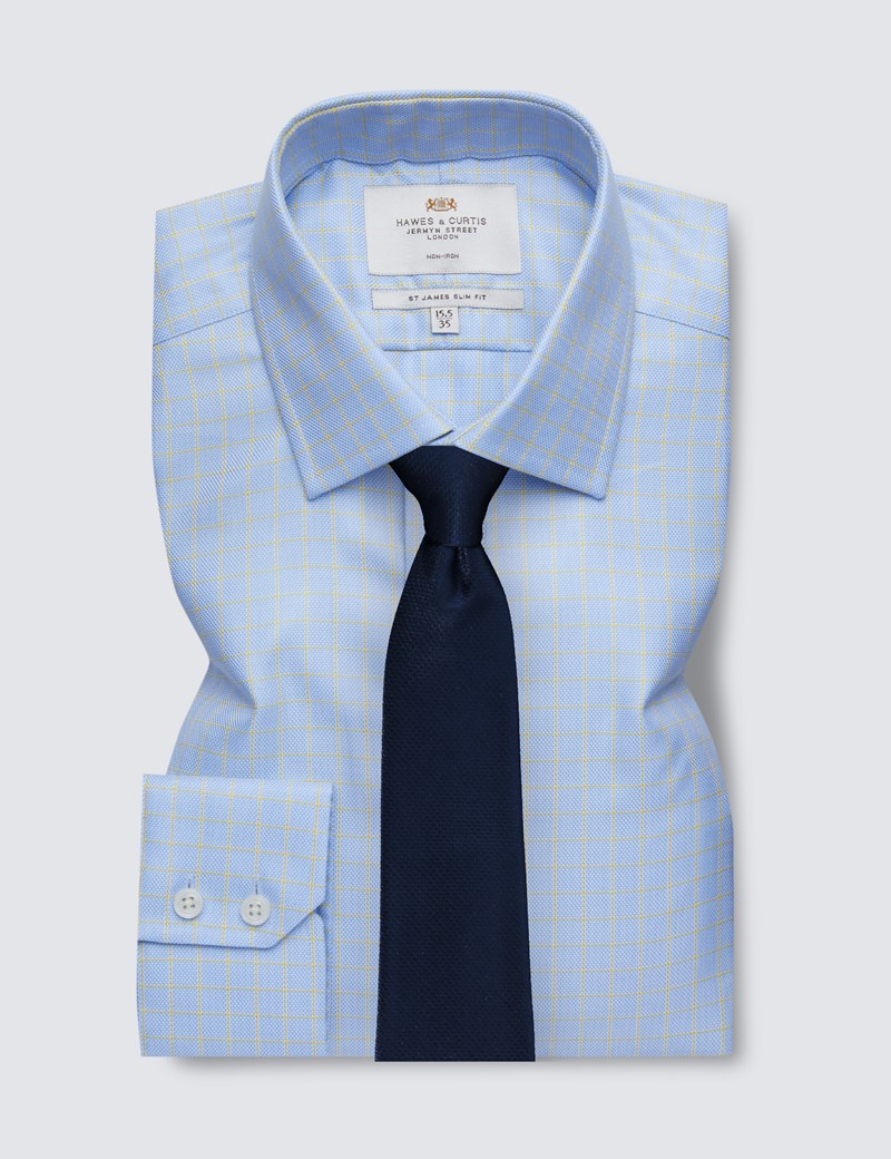 Non Iron Blue & Yellow Textured Check Slim Fit Shirt - Semi Cutaway Collar